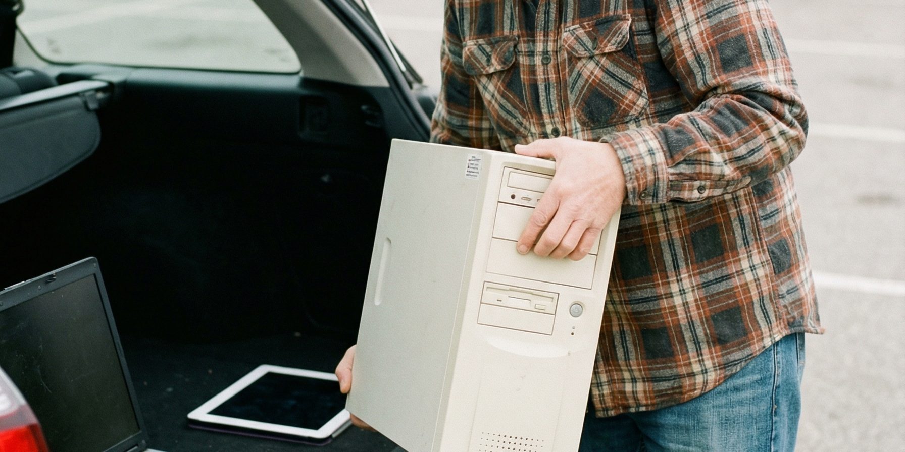 a realistic lifestyle scene of an adult removing used electronics from the back (1)